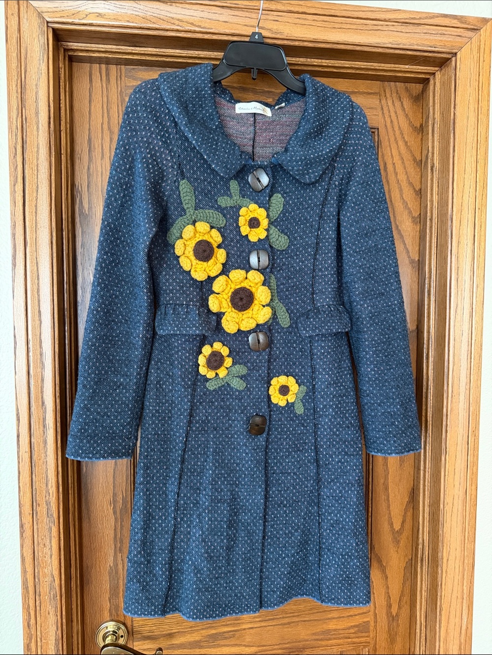 Charlie & Robin Navy Dot Wool Coat with Yellow Flower Appliqués